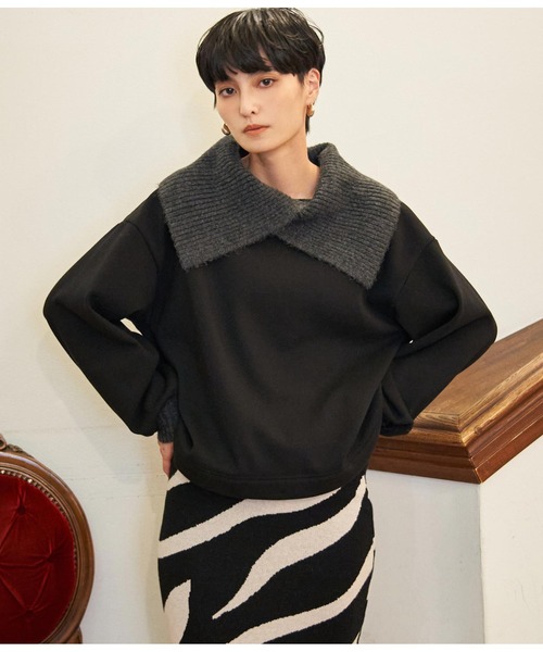 Settimissimo（セッティミッシモ）の「リブビッグニットカラープルオーバー（スウェット・レディース・ブラック/アイボリー/ブルーグリーン・FREE）」の7枚目の写真