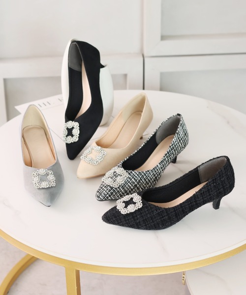 セール】ポインテッドトゥビジューバックルモチーフパンプス（パンプス
