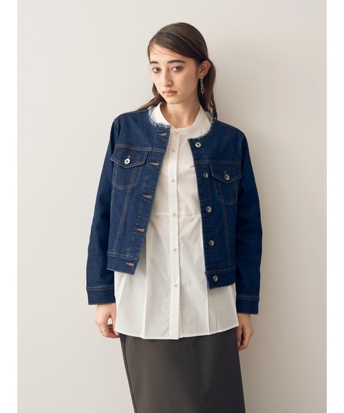 YECCA VECCA(イェッカヴェッカ)の「ノーカラーストレッチGジャン(デニムジャケット・レディース・インディゴブルー/ライトインディゴブルー・S/M)」の7枚目の写真