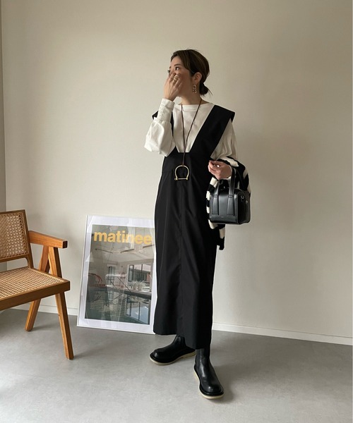 y/m by misato（イムバイミサト）の「シャークスキンジャンパースカート（スカート・レディース・キャメル/ブラック・FREE）」の11枚目の写真