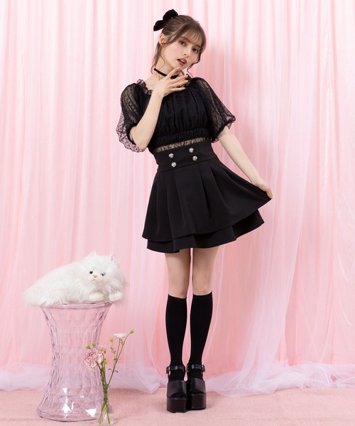 美品♡Mignonミニョン あむう フレアースカート（ブラック）お腹ゴム伸びる 048】ハイウエストレースアップミニスカート【インパン付き