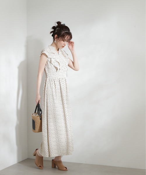 N.（N. Natural Beauty Basic）（エヌエヌナチュラルビューティーベーシック）の「【S Size Line】◆ラッフルショルダープリントワンピース（ワンピース・レディース・オフホワイト/ブラック・SMALL/MEDIUM）」の8枚目の写真