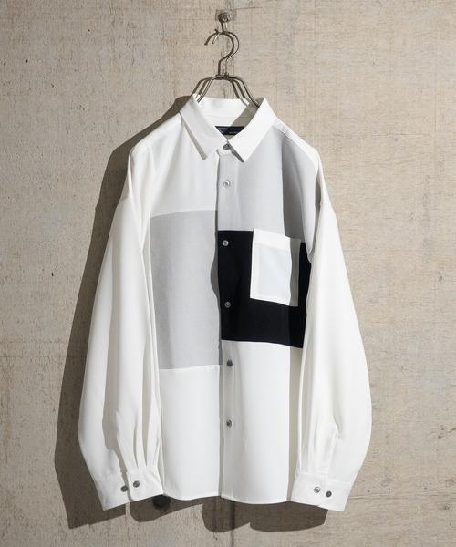JOHN'S CLOSET（ジョンズクローゼット）の「【a】ナチュラルストレッチ 異素材切替 ルーズサイズ 長袖シャツ（シャツ/ブラウス・メンズ・ブラック/ホワイト/グレイッシュベージュ/ブルー/ブラック系その他/ライトグレー/ホワイト系その他・LARGE/MEDIUM/X-LARGE）」の3枚目の写真