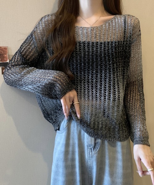 セール】ゆるメッシュ透かし編みクルーネックニットプルオーバー