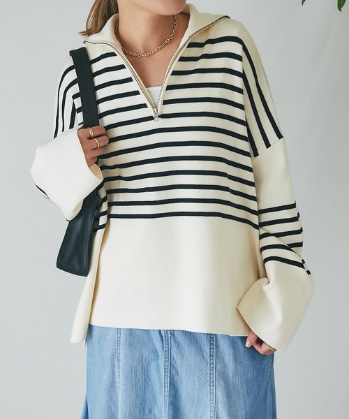 un dix cors（アンディコール）の「スタンドジップゆるニット（ニット/セーター・レディース・ブラック/オフホワイト/ライトグレー/ピンク・FREE）」の2枚目の写真