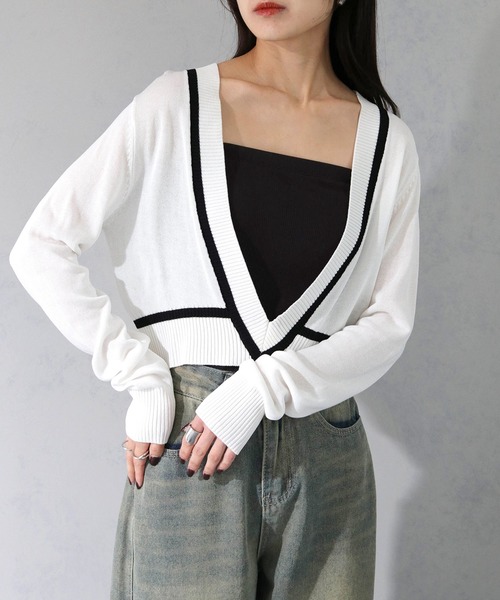 cheriella(シェリエラ)の「【cheriella】WEB限定深Vネック配色ラインプルオーバー WEB LIMITED DEEP V CONTRAST LINE PULLOVER(ニット/セーター・レディース・オフホワイト/チャコールグレー/ブラック・M)」の2枚目の写真