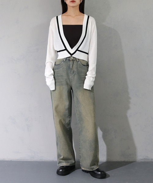 cheriella(シェリエラ)の「【cheriella】WEB限定深Vネック配色ラインプルオーバー WEB LIMITED DEEP V CONTRAST LINE PULLOVER(ニット/セーター・レディース・オフホワイト/チャコールグレー/ブラック・M)」の9枚目の写真