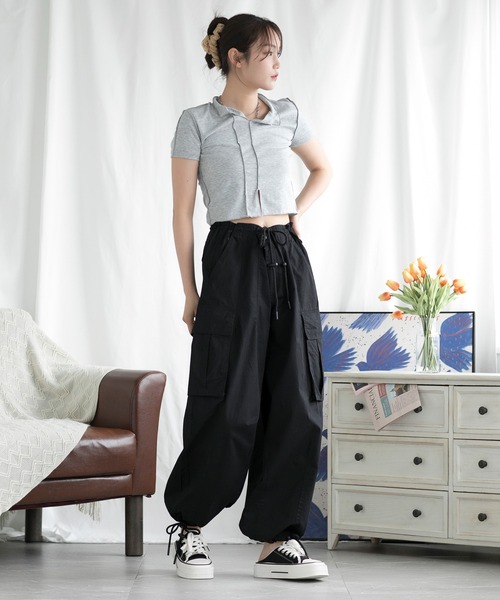 セール】コットンユニセックス裾紐付けカーゴパンツ（カーゴパンツ