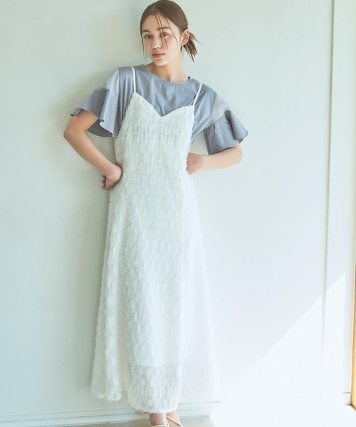 mysty woman(ミスティウーマン)の「シャギーAラインキャミワンピース 113255(ワンピース・レディース・オフホワイト/ブラック・FREE)」の1枚目の写真