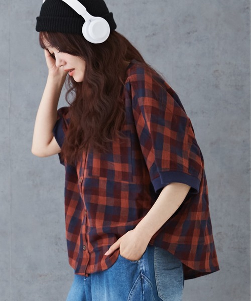 CUBE SUGAR（キューブシュガー）の「チェックリブ付バルーンシャツ（シャツ/ブラウス・レディース・グリーン/レッド/ブラック/マルチ・M）」の3枚目の写真