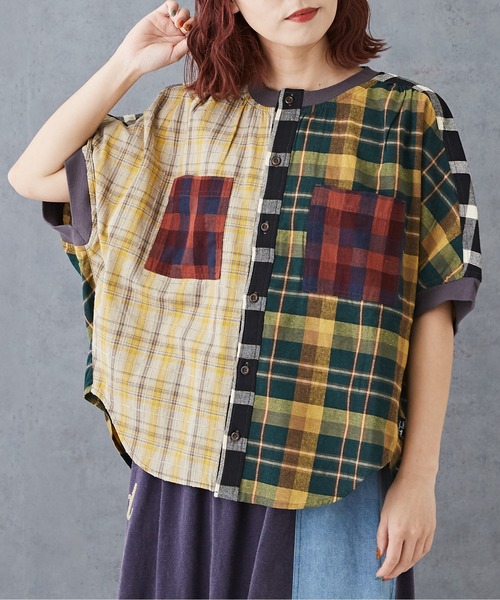 CUBE SUGAR（キューブシュガー）の「チェックリブ付バルーンシャツ（シャツ/ブラウス・レディース・グリーン/レッド/ブラック/マルチ・M）」の4枚目の写真