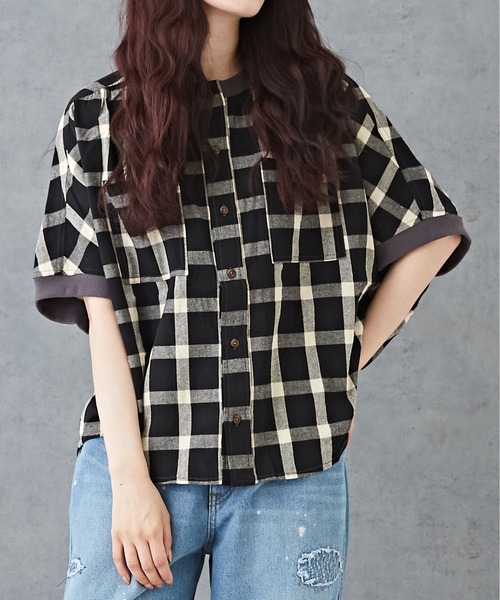 CUBE SUGAR（キューブシュガー）の「チェックリブ付バルーンシャツ（シャツ/ブラウス・レディース・グリーン/レッド/ブラック/マルチ・M）」の2枚目の写真