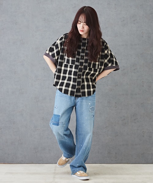 CUBE SUGAR（キューブシュガー）の「チェックリブ付バルーンシャツ（シャツ/ブラウス・レディース・グリーン/レッド/ブラック/マルチ・M）」の6枚目の写真