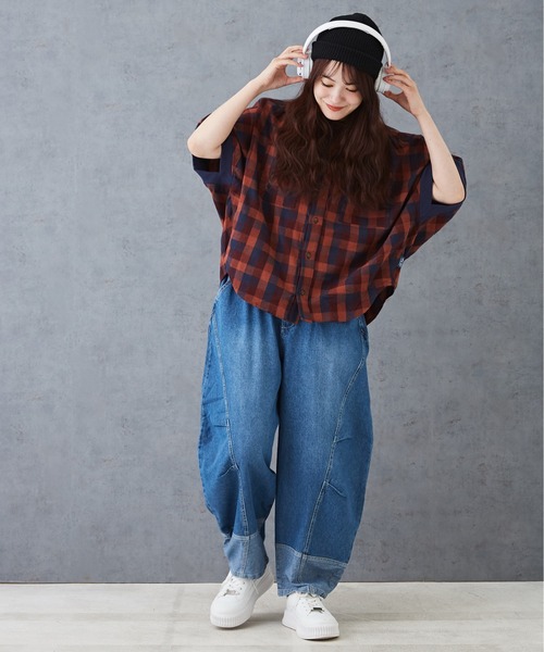 CUBE SUGAR（キューブシュガー）の「チェックリブ付バルーンシャツ（シャツ/ブラウス・レディース・グリーン/レッド/ブラック/マルチ・M）」の9枚目の写真