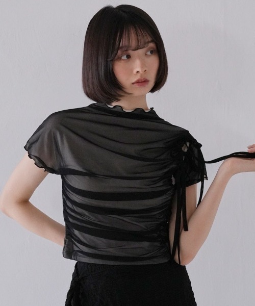チュール リボン Tシャツ トップス シアー シースルー メッシュ フリル メロウ（Tシャツ/カットソー）｜Uenui（ウニュイ）