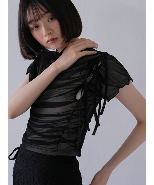 チュール リボン Tシャツ トップス シアー シースルー メッシュ フリル メロウ（Tシャツ/カットソー）｜Uenui（ウニュイ）