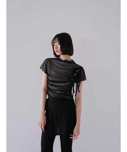 チュール リボン Tシャツ トップス シアー シースルー メッシュ フリル メロウ（Tシャツ/カットソー）｜Uenui（ウニュイ）