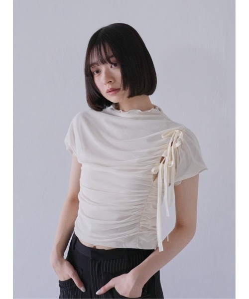チュール リボン Tシャツ トップス シアー シースルー メッシュ フリル メロウ（Tシャツ/カットソー）｜Uenui（ウニュイ）