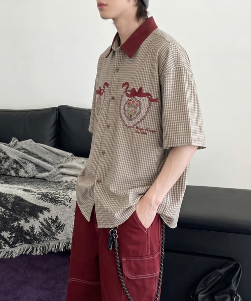 HOOK(フック)の「HOOK -select- 異素材襟の古着風刺繍入りチェック柄ビッグシャツ (SS)(シャツ/ブラウス・メンズ・ベージュ・M/L/XL/S)」の14枚目の写真