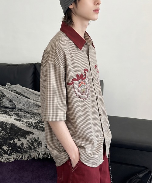 HOOK(フック)の「HOOK -select- 異素材襟の古着風刺繍入りチェック柄ビッグシャツ (SS)(シャツ/ブラウス・メンズ・ベージュ・M/L/XL/S)」の21枚目の写真