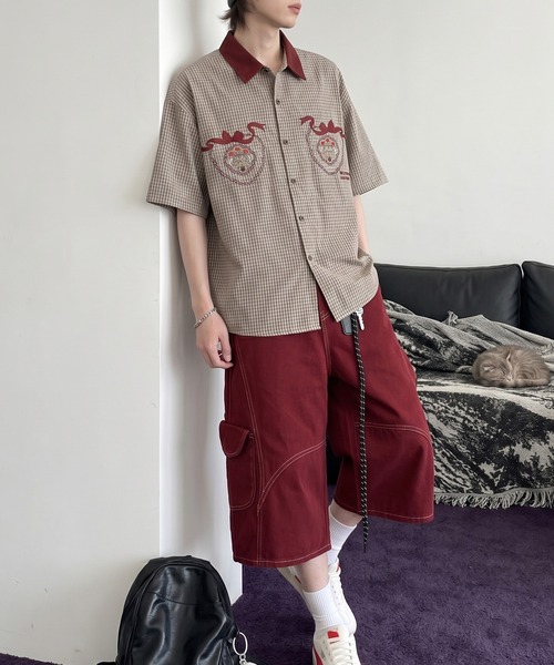 HOOK(フック)の「HOOK -select- 異素材襟の古着風刺繍入りチェック柄ビッグシャツ (SS)(シャツ/ブラウス・メンズ・ベージュ・M/L/XL/S)」の16枚目の写真