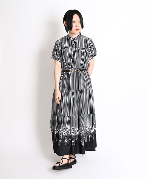 セール】ゼブラ柄 半袖 ティアードマキシワンピース（ワンピース