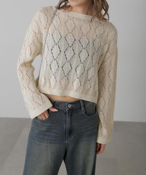 FREE'S MART（フリーズマート）の「◆ダイヤ柄透かし編みニット（ニット/セーター・レディース・ブルー/ブラック/ホワイト・FREE）」の2枚目の写真