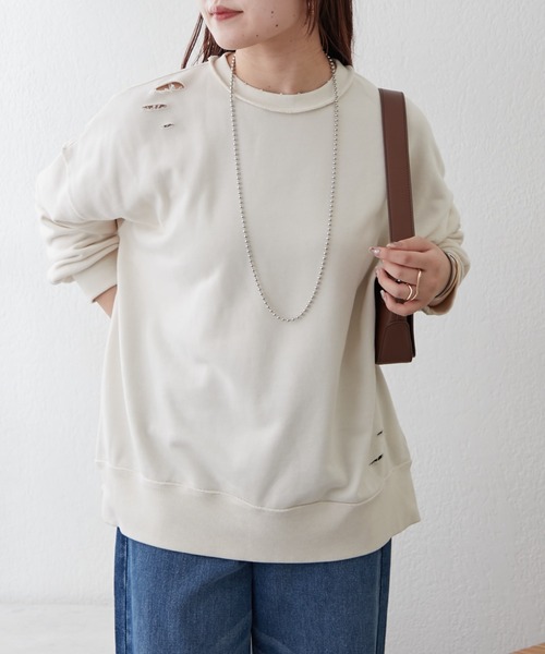 Remind me and forever（リマインドミーアンドフォーエバー）の「【WEB限定】ダメージ加工スウェット（Tシャツ/カットソー・レディース・ライトベージュ/グレー/スミクロ・FREE）」の20枚目の写真