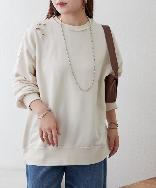 Remind me and forever（リマインドミーアンドフォーエバー）の「【WEB限定】ダメージ加工スウェット（Tシャツ/カットソー・レディース・ライトベージュ/グレー/スミクロ・FREE）」の21枚目の写真