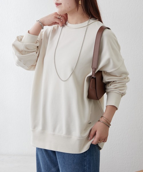 Remind me and forever（リマインドミーアンドフォーエバー）の「【WEB限定】ダメージ加工スウェット（Tシャツ/カットソー・レディース・ライトベージュ/グレー/スミクロ・FREE）」の22枚目の写真