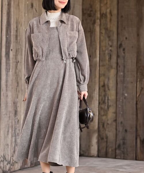 シャツブルゾン×キャミワンピース太コールセットアップ（セットアップ