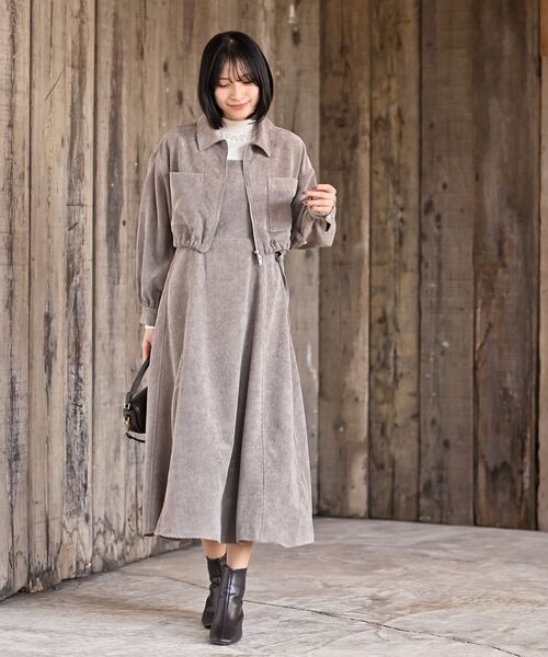 シャツブルゾン×キャミワンピース太コールセットアップ（セットアップ