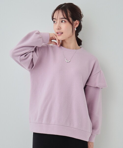 DRESKIP(ドレスキップ)の「◆【S-LL】一枚で決まる ふんわり微起毛 フリル袖トップス(Tシャツ/カットソー・レディース・アイボリー/チャコールグレー/パープル・01/02/03/04)」の3枚目の写真