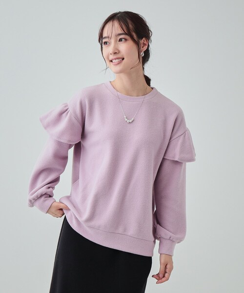 DRESKIP(ドレスキップ)の「◆【S-LL】一枚で決まる ふんわり微起毛 フリル袖トップス(Tシャツ/カットソー・レディース・アイボリー/チャコールグレー/パープル・01/02/03/04)」の12枚目の写真