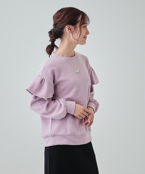 DRESKIP(ドレスキップ)の「◆【S-LL】一枚で決まる ふんわり微起毛 フリル袖トップス(Tシャツ/カットソー・レディース・アイボリー/チャコールグレー/パープル・01/02/03/04)」の13枚目の写真