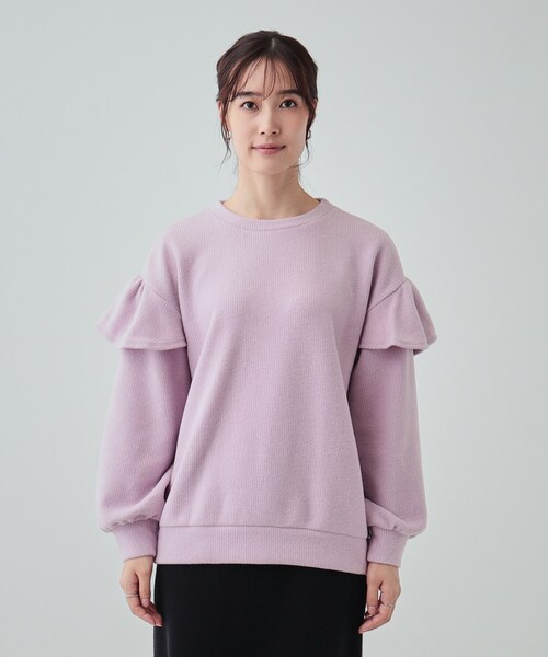 DRESKIP(ドレスキップ)の「◆【S-LL】一枚で決まる ふんわり微起毛 フリル袖トップス(Tシャツ/カットソー・レディース・アイボリー/チャコールグレー/パープル・01/02/03/04)」の16枚目の写真