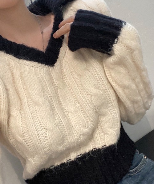 Lace Ladies(レースレディース)の「ケーブル柄 配色 襟付き ニット プルオーバー(ニット/セーター・レディース・ブラック/アイボリー・FREE)」の12枚目の写真