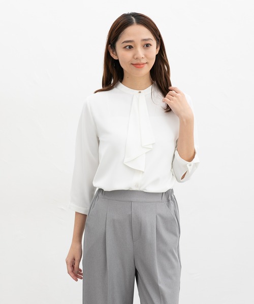 Honeys（ハニーズ）の「７分袖ボウタイブラウス（シャツ/ブラウス・レディース・ホワイト/ライトグレー/クリーム/グレイッシュブルー/ブラック・3L/L/LL/M/S）」の9枚目の写真