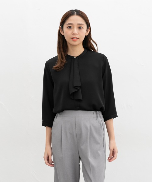 Honeys（ハニーズ）の「７分袖ボウタイブラウス（シャツ/ブラウス・レディース・ホワイト/ライトグレー/クリーム/グレイッシュブルー/ブラック・3L/L/LL/M/S）」の11枚目の写真