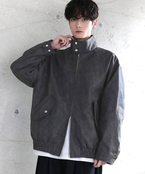 ヴィンテージ加工PU合皮/タフタ スタンドネックジャケット（ブルゾン