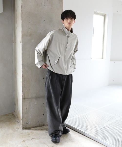 ヴィンテージ加工PU合皮/タフタ スタンドネックジャケット（ブルゾン