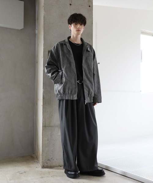 ヴィンテージ加工PU合皮/タフタ スタンドネックジャケット（ブルゾン