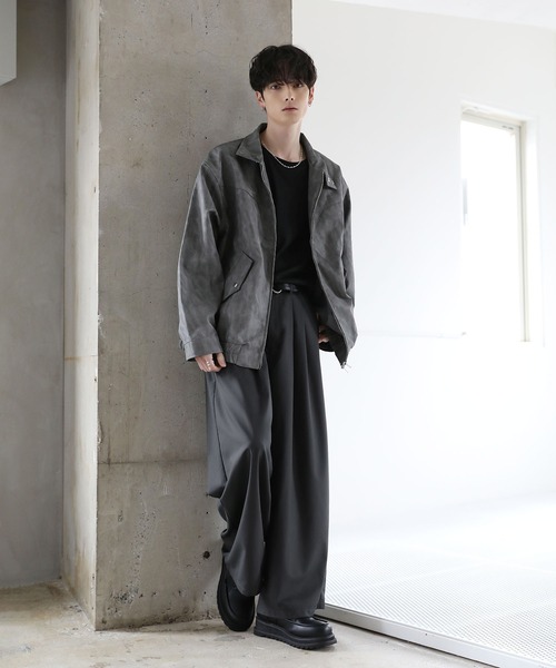 ヴィンテージ加工PU合皮/タフタ スタンドネックジャケット