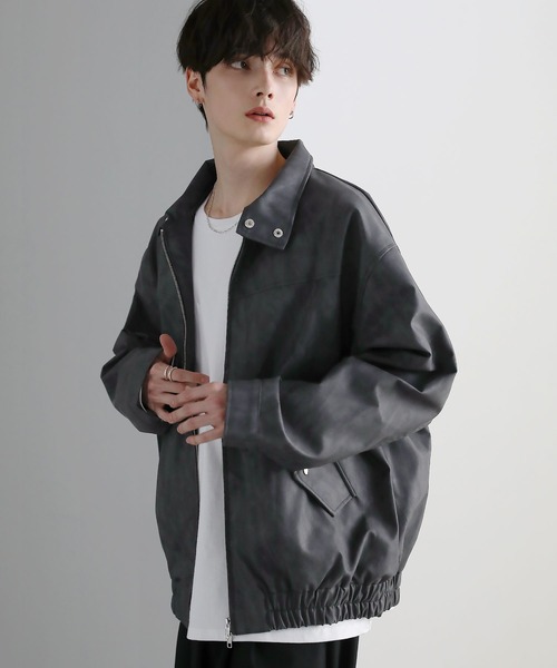 ヴィンテージ加工PU合皮/タフタ スタンドネックジャケット（ブルゾン