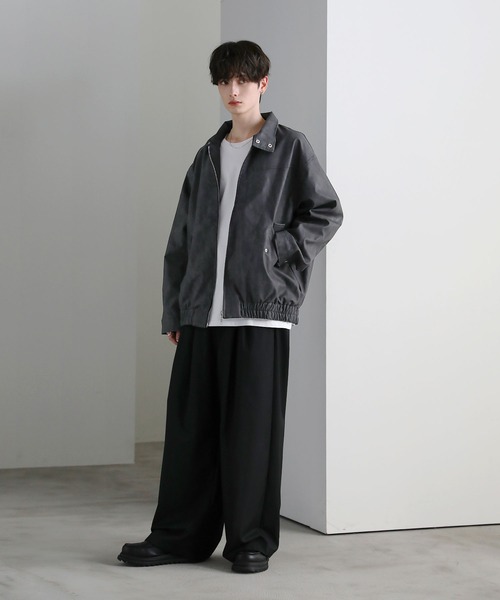 ヴィンテージ加工PU合皮/タフタ スタンドネックジャケット（ブルゾン