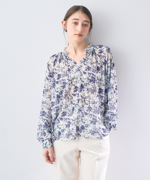 新品タグ付／ボタニカル中花柄カットジャカード フラワーブラウス ブラックネイビー セットアップ対応】花唐草カットジャカード タックフレア