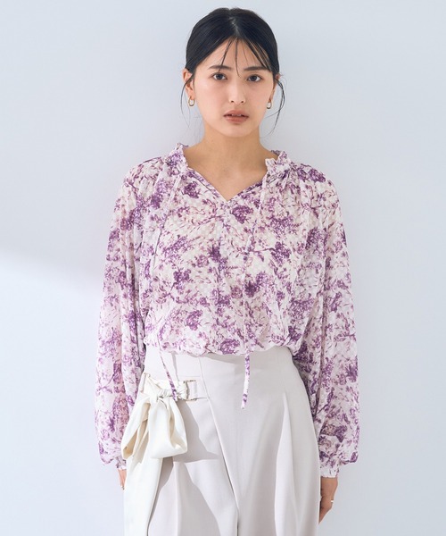HYEON、シアージャガードブラウス、小花、ホワイト