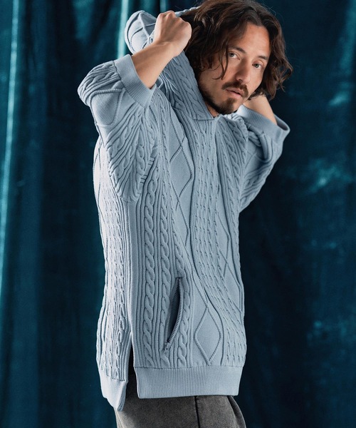 ANGENEHM(アンゲネーム)の「mpa3732-Airy yarn cable stitch short sleeve hoodie ニットパーカー(パーカー・メンズ・ブラック/グレイッシュベージュ/キナリ/サックスブルー系・S/M/L)」の4枚目の写真