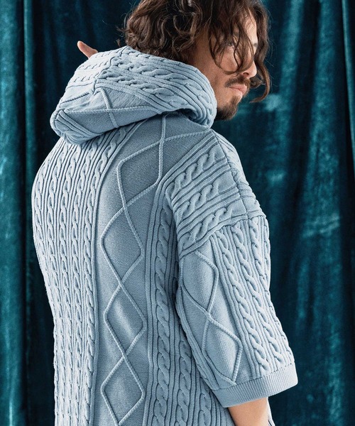 ANGENEHM(アンゲネーム)の「mpa3732-Airy yarn cable stitch short sleeve hoodie ニットパーカー(パーカー・メンズ・ブラック/グレイッシュベージュ/キナリ/サックスブルー系・S/M/L)」の14枚目の写真