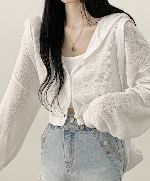 LAFFMO（ラフモ）の「ショート丈フード付きサマーニットカーディガン（カーディガン/ボレロ・レディース・グレー/ホワイト/ピンク・F）」の2枚目の写真